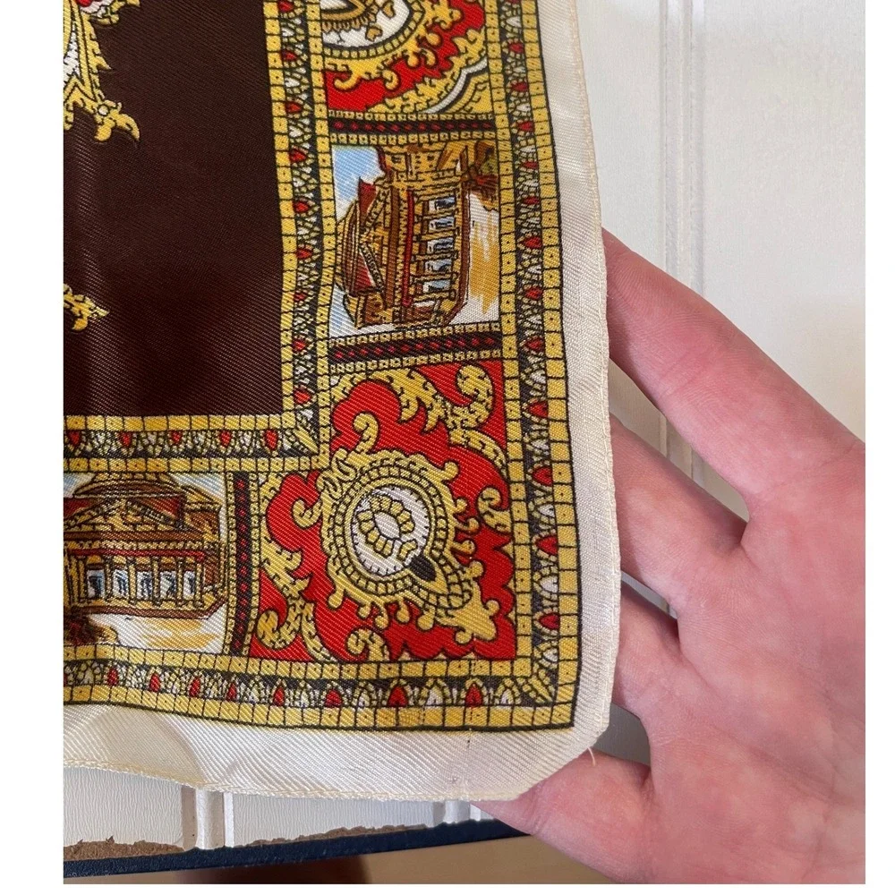 Vintage Roma Italy Souvenir Square Scarf Brown Gold Landmark Print Travel Gift